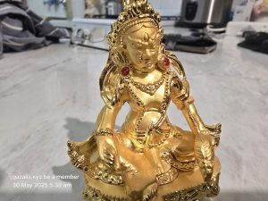 Golden statue of a seated deity with red gems on a marble surface, indoors, blurred background.