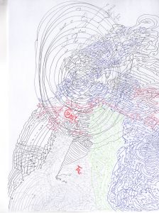 Complex abstract drawing with colorful swirling patterns and handwritten text on lines.