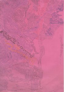 Abstract hand-drawn black ink patterns and text on pink paper with orange highlighted center text.